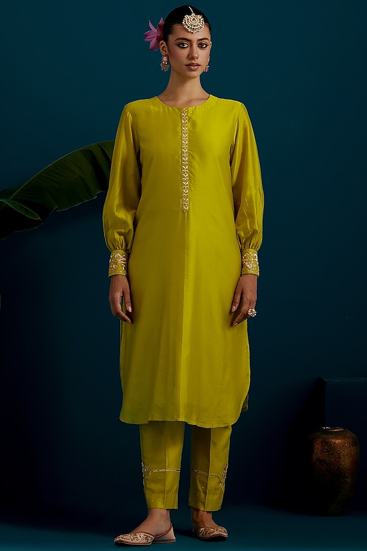 Lime Green Silk Chanderi Paisley Embroidered Kurta Set by Anantaa By Roohi Trehan at Pernia's Pop Up Shop