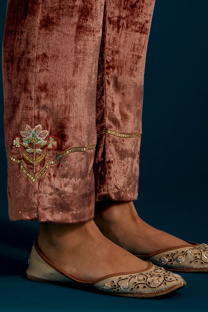 Dull Pink Viscose Velvet Sequins Embroidered A-Line Kurta Set by Anantaa By Roohi Trehan at Pernia's Pop Up Shop