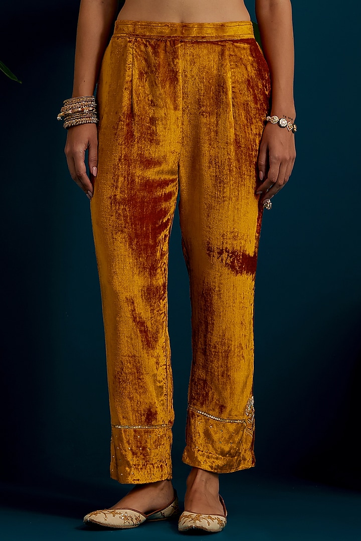 Mustard Viscose Velvet Sequins Embroidered A-Line Kurta Set by Anantaa By Roohi Trehan at Pernia's Pop Up Shop