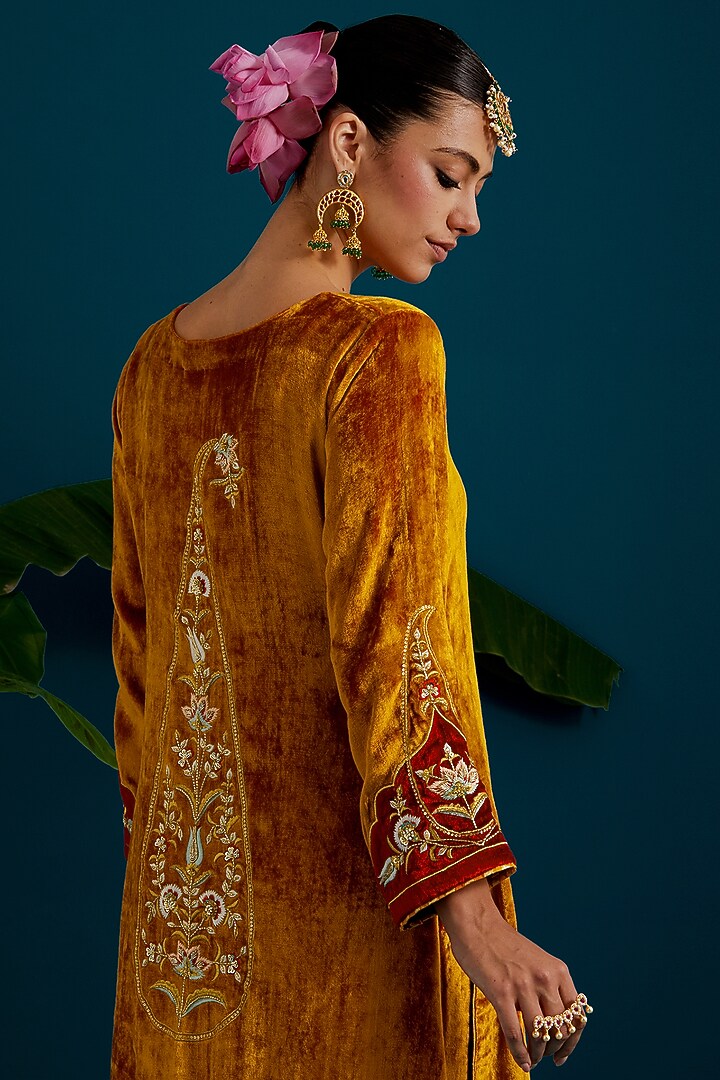 Mustard Viscose Velvet Sequins Embroidered A-Line Kurta Set by Anantaa By Roohi Trehan at Pernia's Pop Up Shop