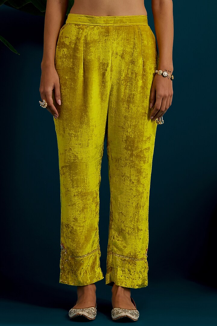 Lime Green Viscose Velvet Sequins Embroidered A-Line Kurta Set by Anantaa By Roohi Trehan at Pernia's Pop Up Shop