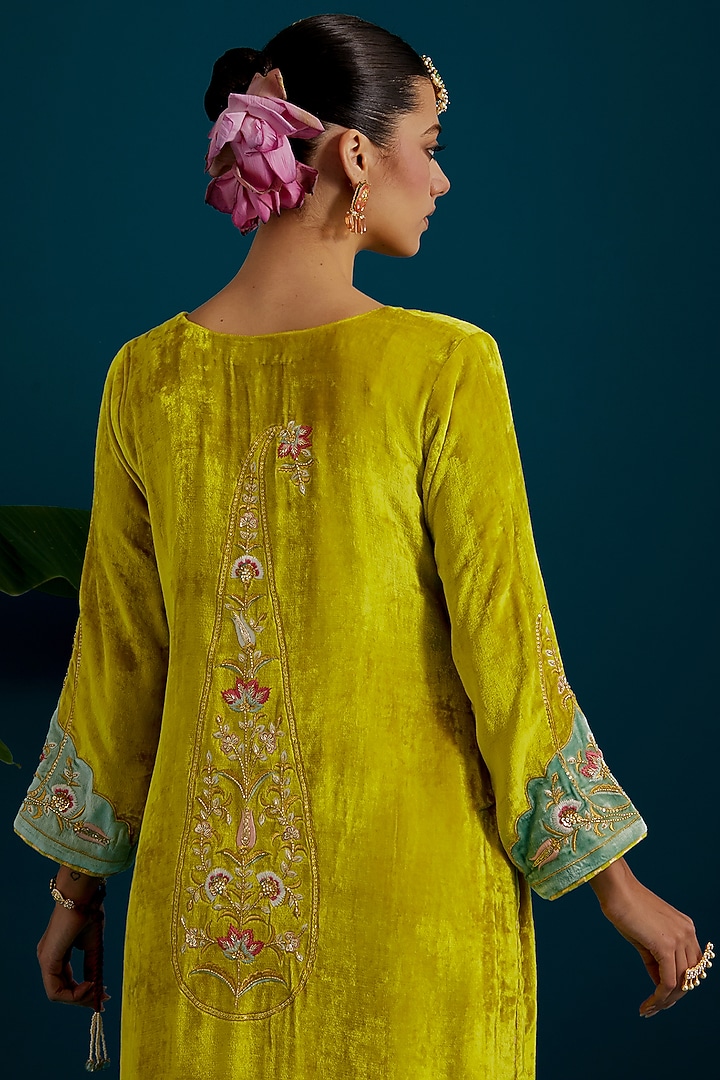 Lime Green Viscose Velvet Sequins Embroidered A-Line Kurta Set by Anantaa By Roohi Trehan at Pernia's Pop Up Shop