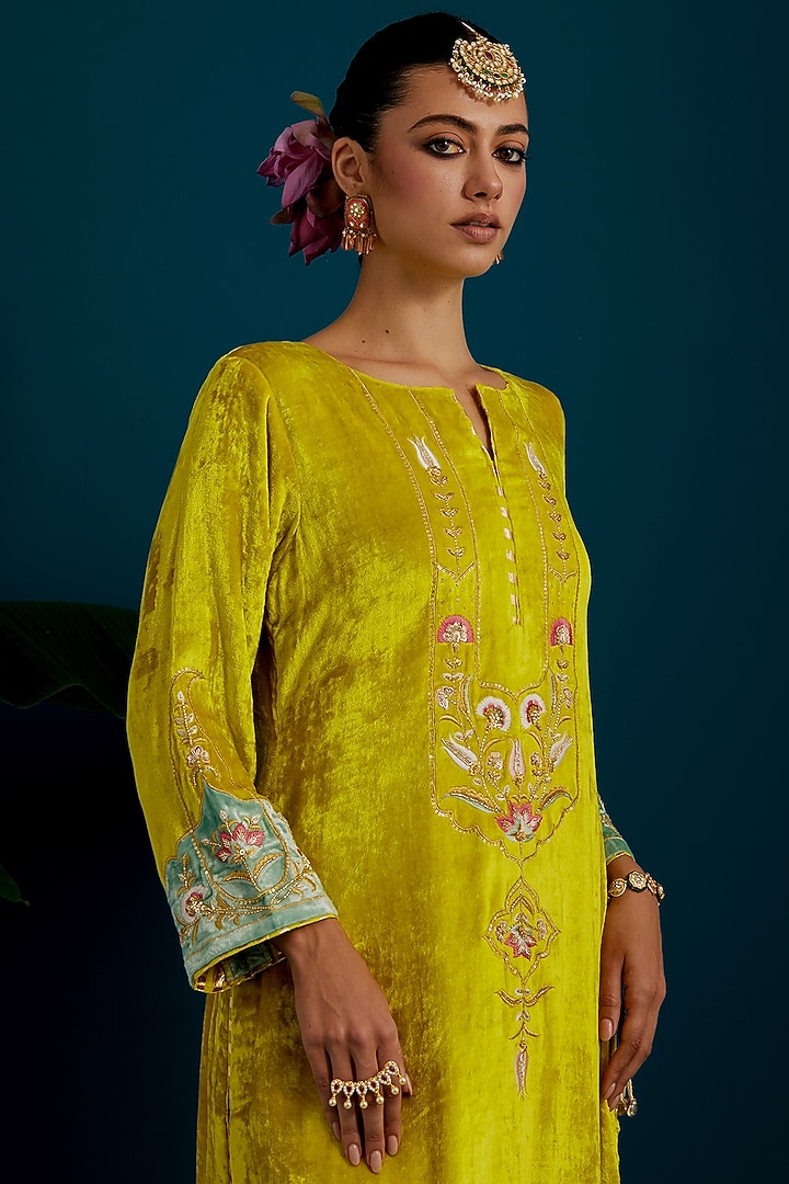 Lime Green Viscose Velvet Sequins Embroidered A-Line Kurta Set by Anantaa By Roohi Trehan at Pernia's Pop Up Shop