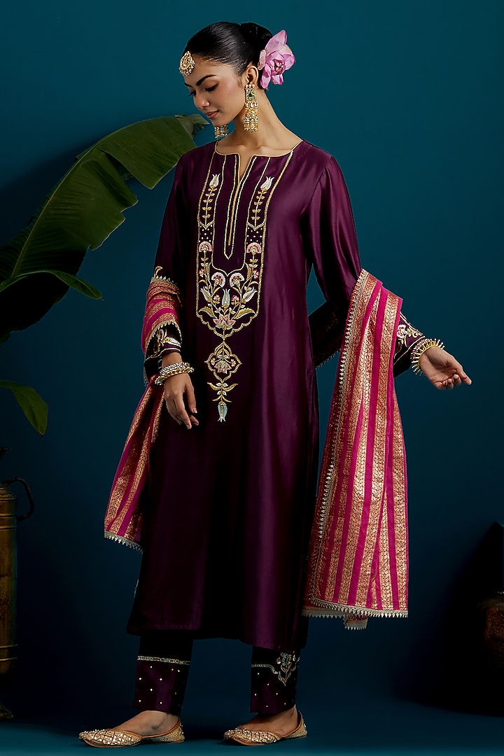 Purple Silk Chanderi Hand & Machine Embroidered A-Line Kurta Set by Anantaa By Roohi Trehan at Pernia's Pop Up Shop