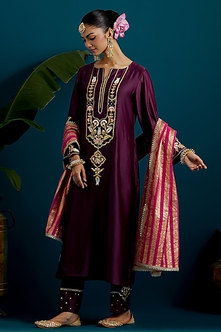 Purple Silk Chanderi Hand & Machine Embroidered A-Line Kurta Set by Anantaa By Roohi Trehan