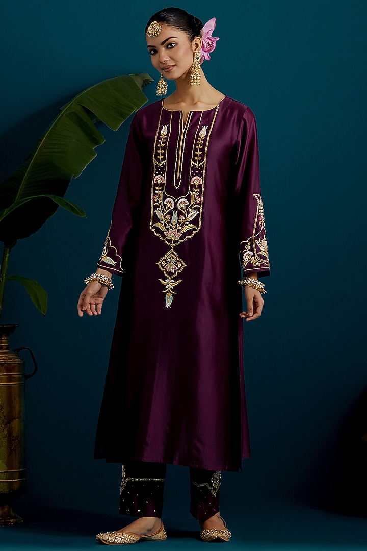 Purple Silk Chanderi Hand & Machine Embroidered A-Line Kurta Set by Anantaa By Roohi Trehan at Pernia's Pop Up Shop
