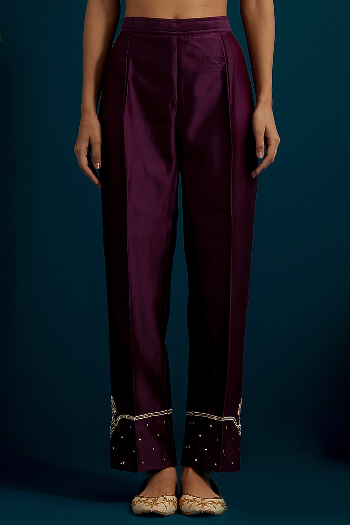 Purple Silk Chanderi Hand & Machine Embroidered A-Line Kurta Set by Anantaa By Roohi Trehan at Pernia's Pop Up Shop