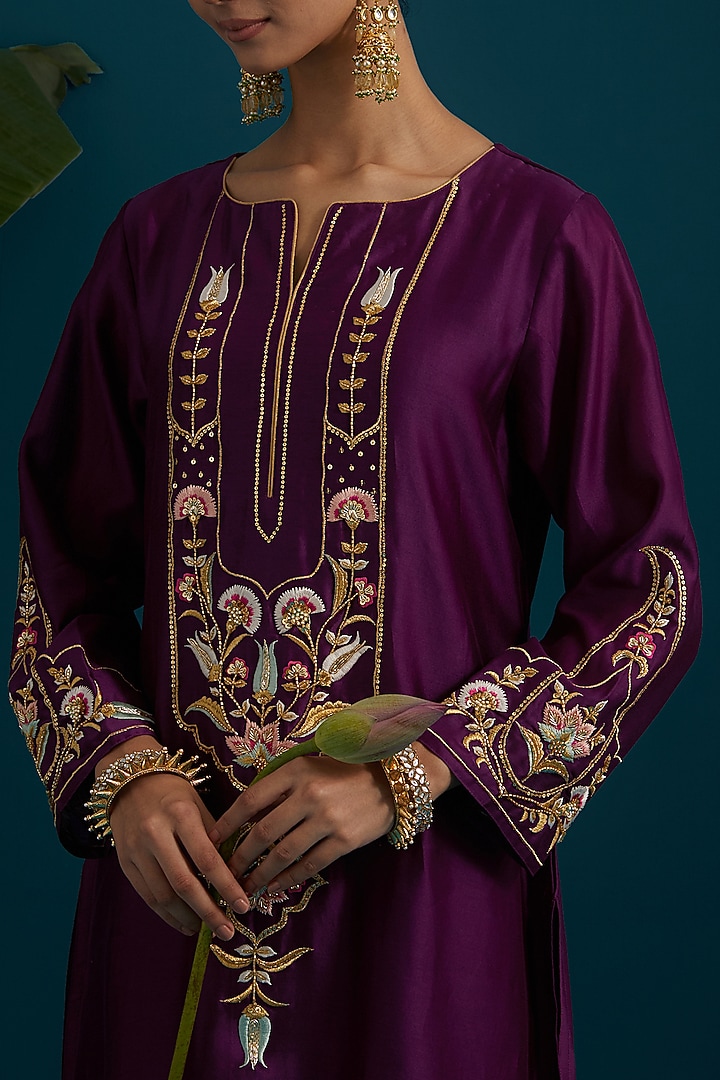 Purple Silk Chanderi Hand & Machine Embroidered A-Line Kurta Set by Anantaa By Roohi Trehan at Pernia's Pop Up Shop