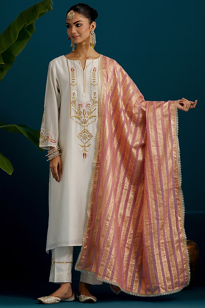 Off-White Silk Chanderi Hand & Machine Embroidered A-Line Kurta Set by Anantaa By Roohi Trehan at Pernia's Pop Up Shop