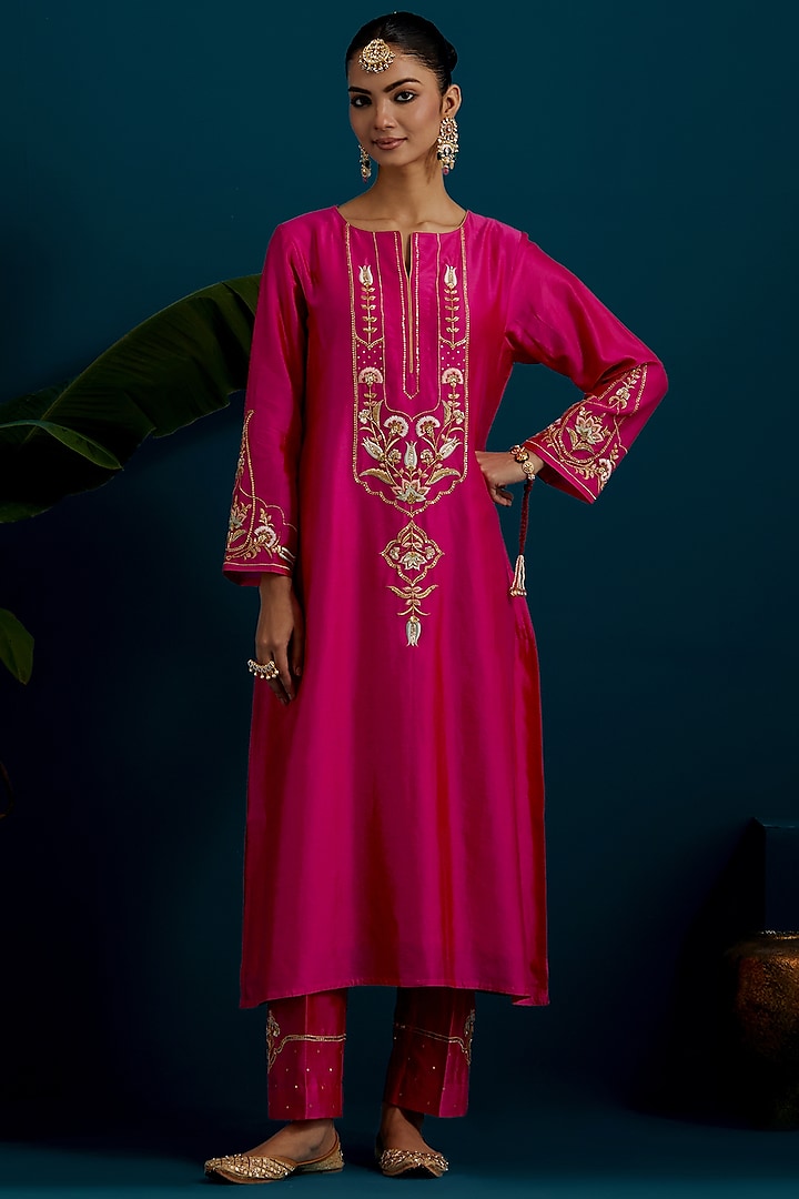 Fuchsia Silk Chanderi Hand & Machine Embroidered A-Line Kurta Set by Anantaa By Roohi Trehan at Pernia's Pop Up Shop