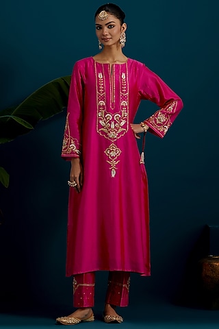 Fuchsia Silk Chanderi Hand & Machine Embroidered A-Line Kurta Set by Anantaa By Roohi Trehan