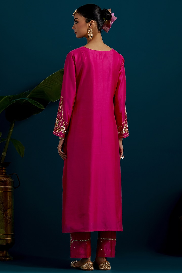 Fuchsia Silk Chanderi Hand & Machine Embroidered A-Line Kurta Set by Anantaa By Roohi Trehan at Pernia's Pop Up Shop