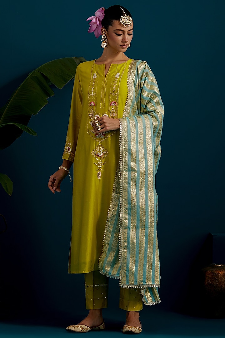 Lime Green Silk Chanderi Hand & Machine Embroidered A-Line Kurta Set by Anantaa By Roohi Trehan at Pernia's Pop Up Shop