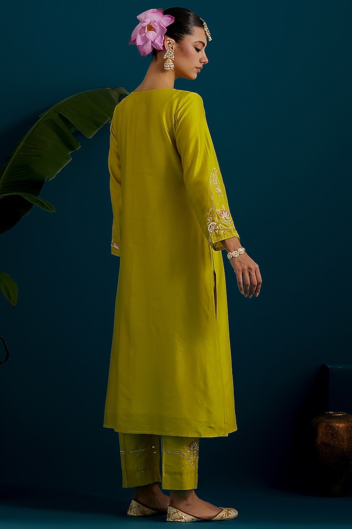Lime Green Silk Chanderi Hand & Machine Embroidered A-Line Kurta Set by Anantaa By Roohi Trehan at Pernia's Pop Up Shop