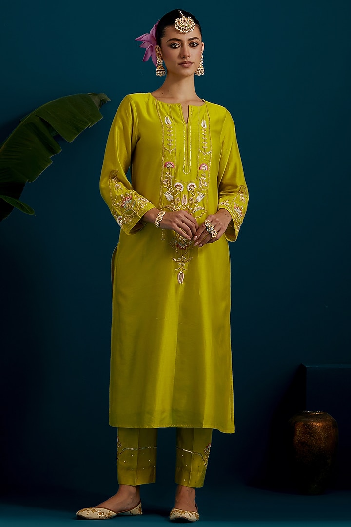 Lime Green Silk Chanderi Hand & Machine Embroidered A-Line Kurta Set by Anantaa By Roohi Trehan at Pernia's Pop Up Shop