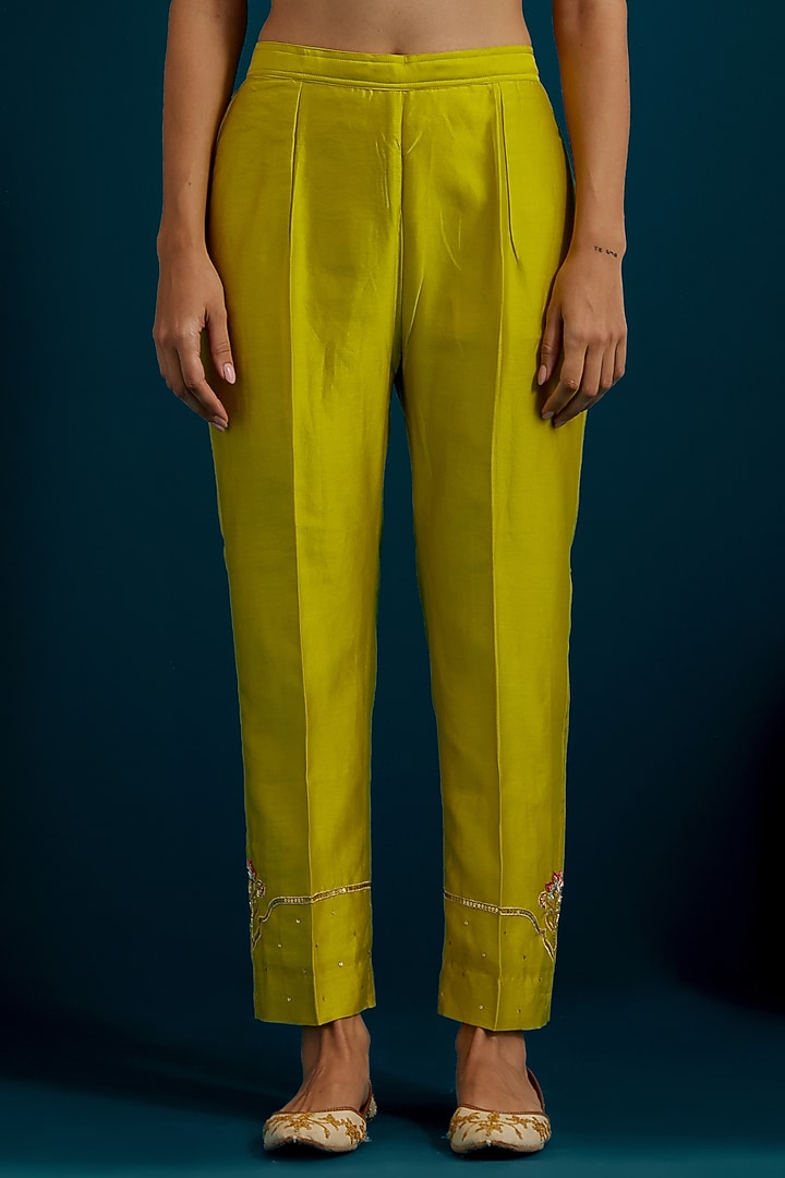 Lime Green Silk Chanderi Hand & Machine Embroidered A-Line Kurta Set by Anantaa By Roohi Trehan at Pernia's Pop Up Shop