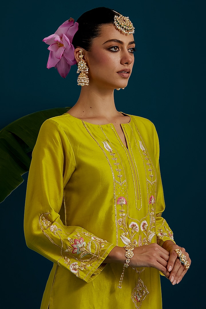 Lime Green Silk Chanderi Hand & Machine Embroidered A-Line Kurta Set by Anantaa By Roohi Trehan at Pernia's Pop Up Shop