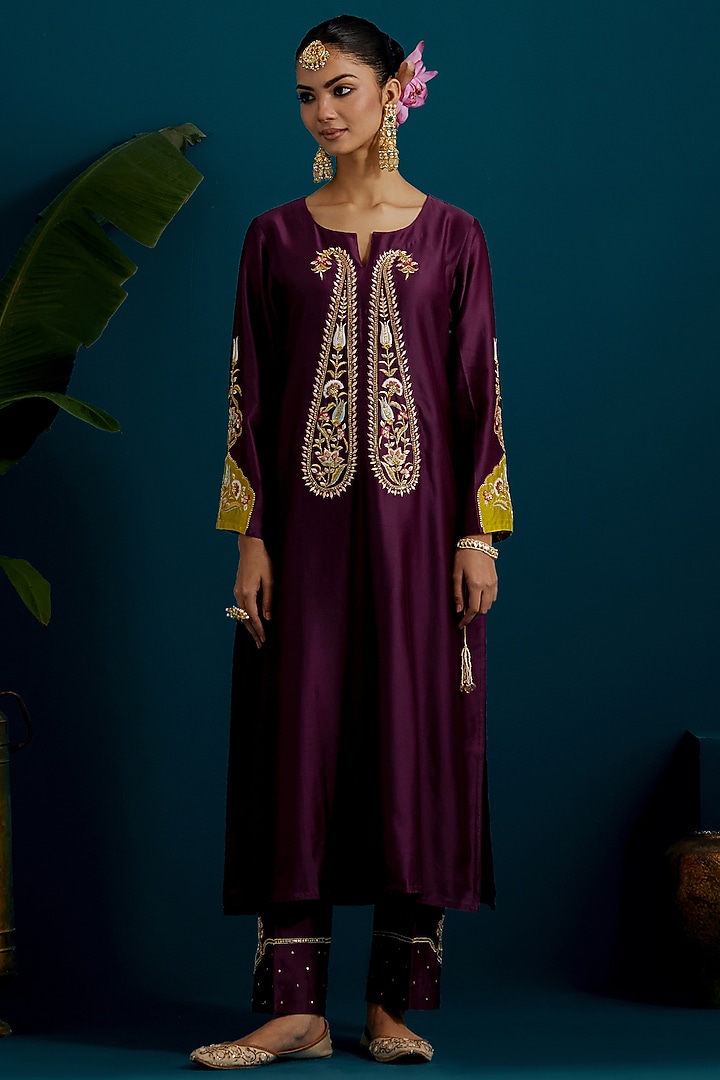 Purple Silk Chanderi Hand & Machine Embroidered Kurta Set by Anantaa By Roohi Trehan at Pernia's Pop Up Shop