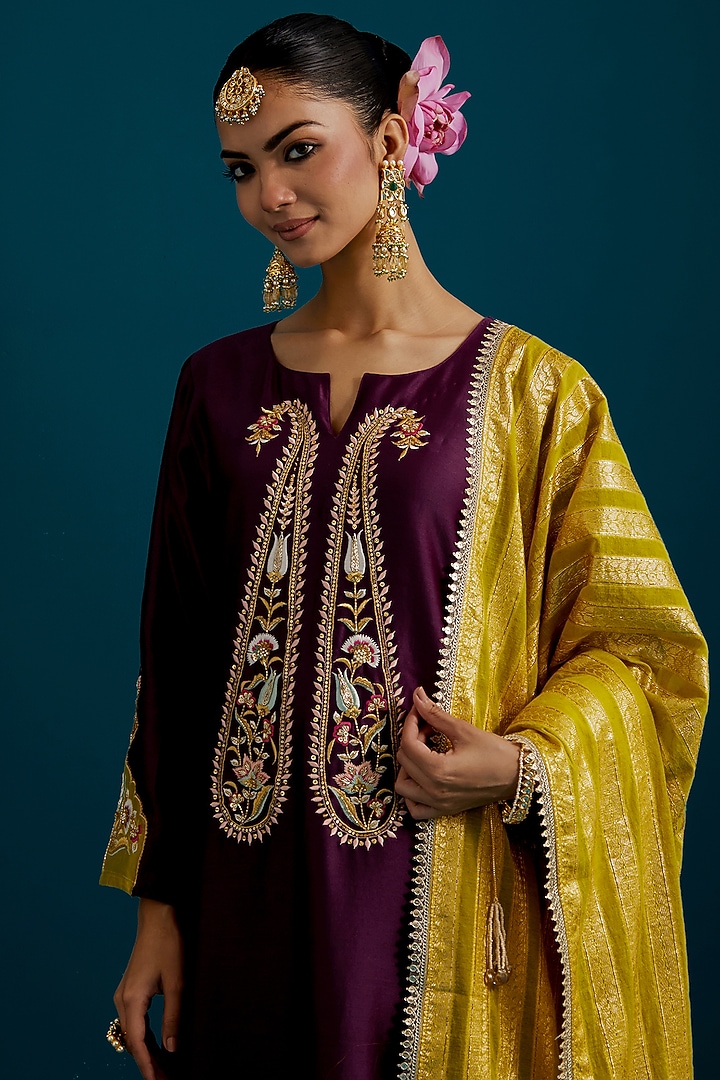 Purple Silk Chanderi Hand & Machine Embroidered Kurta Set by Anantaa By Roohi Trehan at Pernia's Pop Up Shop