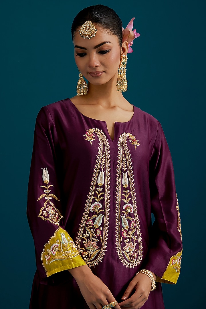 Purple Silk Chanderi Hand & Machine Embroidered Kurta Set by Anantaa By Roohi Trehan at Pernia's Pop Up Shop