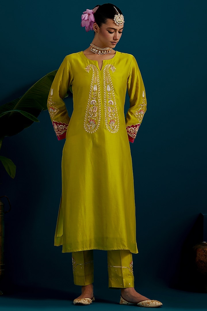 Lime Green Silk Chanderi Hand & Machine Embroidered Kurta Set by Anantaa By Roohi Trehan at Pernia's Pop Up Shop