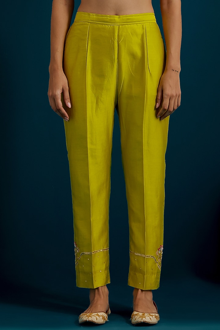Lime Green Silk Chanderi Hand & Machine Embroidered Kurta Set by Anantaa By Roohi Trehan at Pernia's Pop Up Shop