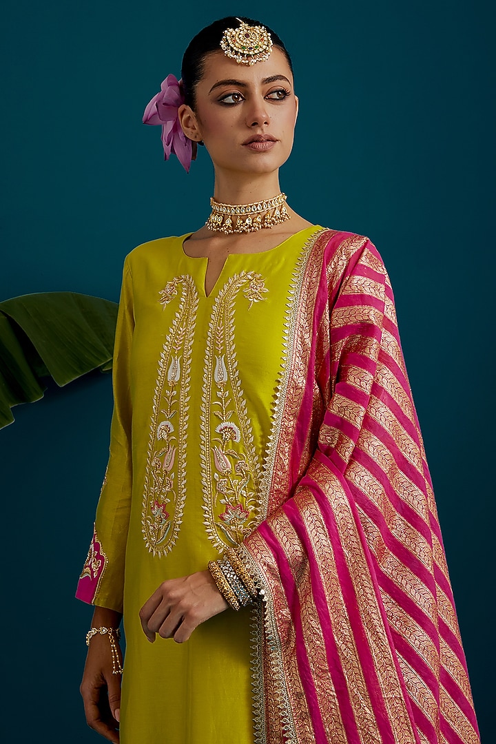 Lime Green Silk Chanderi Hand & Machine Embroidered Kurta Set by Anantaa By Roohi Trehan at Pernia's Pop Up Shop