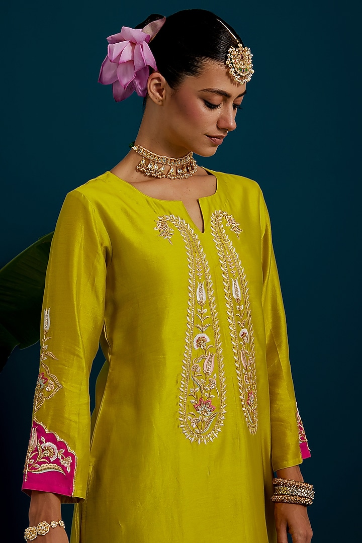 Lime Green Silk Chanderi Hand & Machine Embroidered Kurta Set by Anantaa By Roohi Trehan at Pernia's Pop Up Shop