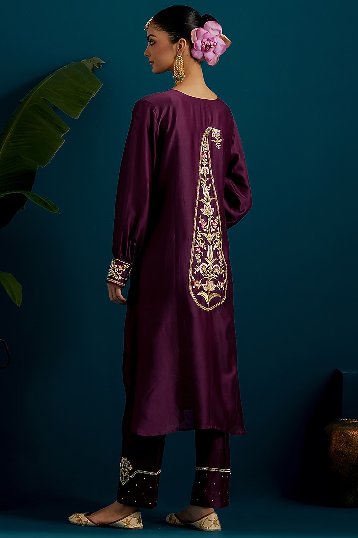 Purple Silk Chanderi Hand & Machine Embroidered Kurta Set by Anantaa By Roohi Trehan at Pernia's Pop Up Shop
