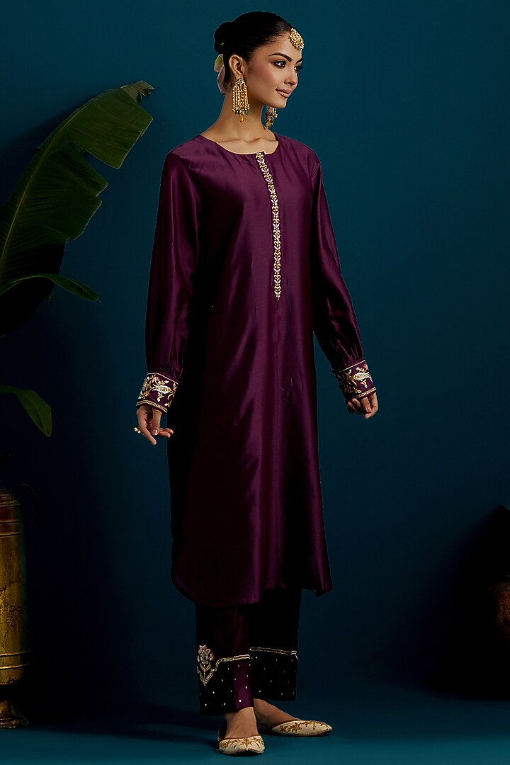 Purple Silk Chanderi Hand & Machine Embroidered Kurta Set by Anantaa By Roohi Trehan at Pernia's Pop Up Shop
