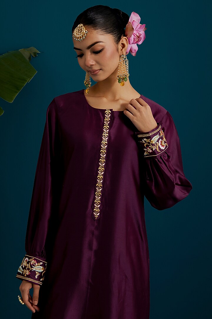 Purple Silk Chanderi Hand & Machine Embroidered Kurta Set by Anantaa By Roohi Trehan at Pernia's Pop Up Shop