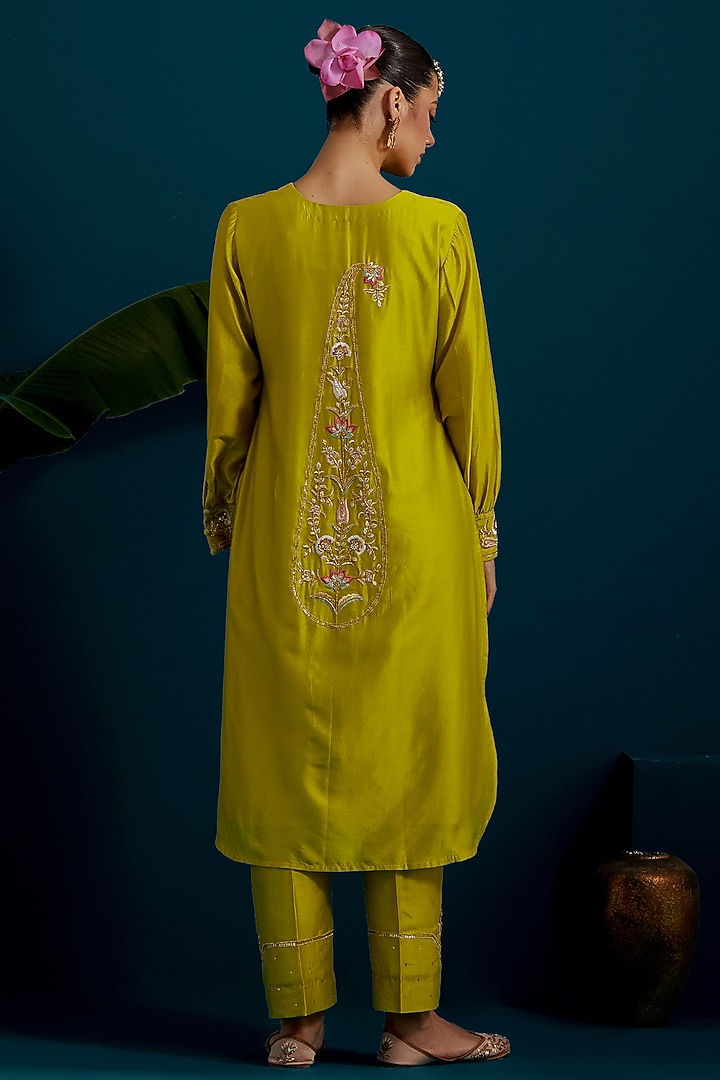 Lime Green Silk Chanderi Hand & Machine Embroidered Kurta Set by Anantaa By Roohi Trehan at Pernia's Pop Up Shop