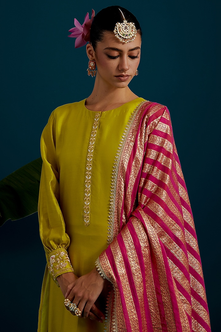 Lime Green Silk Chanderi Hand & Machine Embroidered Kurta Set by Anantaa By Roohi Trehan at Pernia's Pop Up Shop