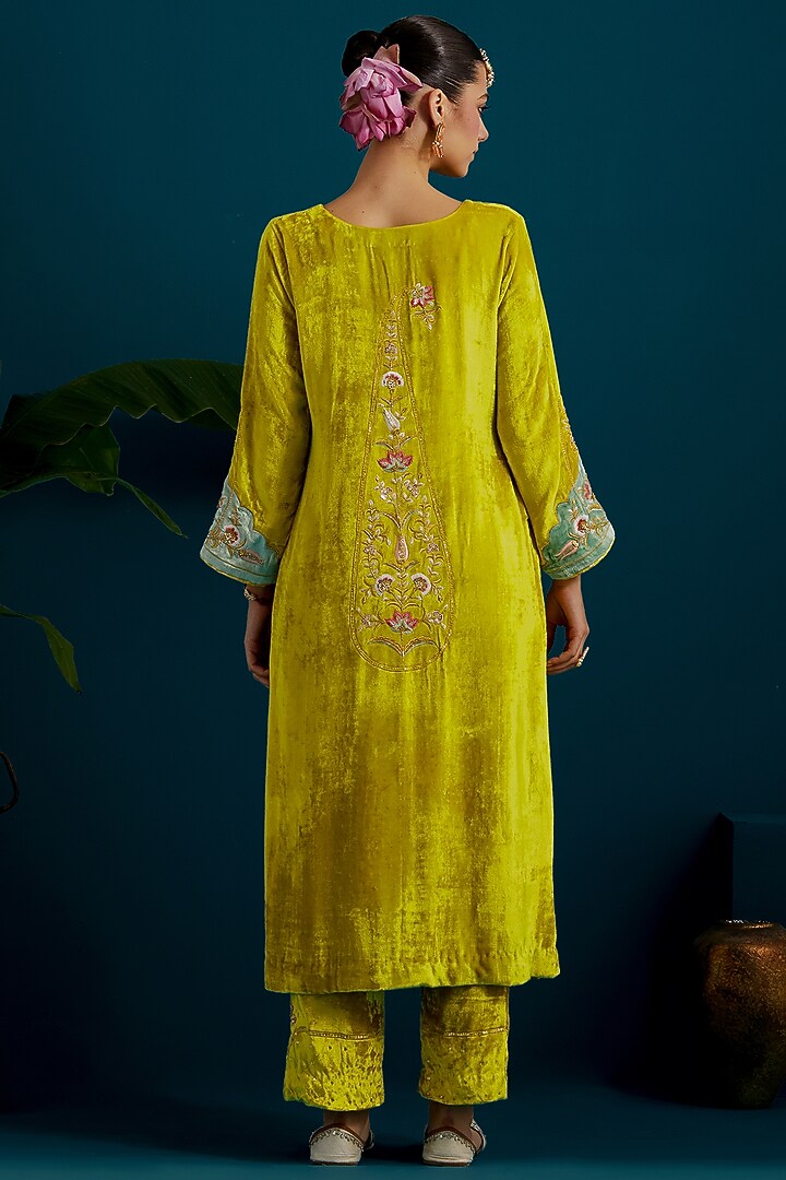 Lime Green Viscose Velvet Hand & Machine Embroidered A-Line Kurta Set by Anantaa By Roohi Trehan at Pernia's Pop Up Shop