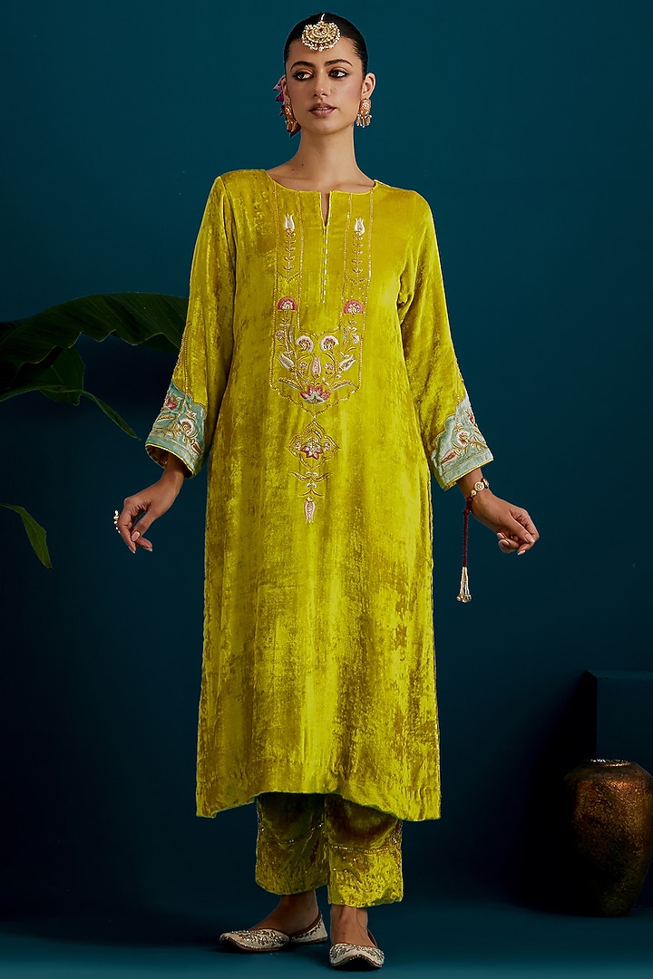Lime Green Viscose Velvet Hand & Machine Embroidered A-Line Kurta Set by Anantaa By Roohi Trehan at Pernia's Pop Up Shop