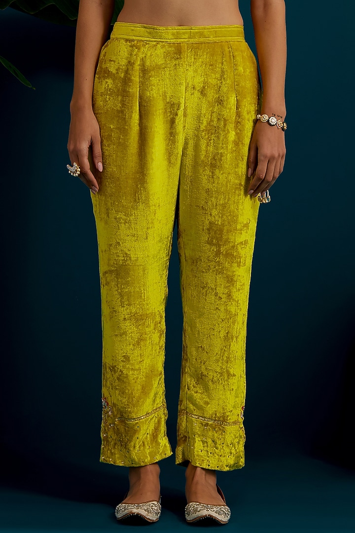 Lime Green Viscose Velvet Hand & Machine Embroidered A-Line Kurta Set by Anantaa By Roohi Trehan at Pernia's Pop Up Shop