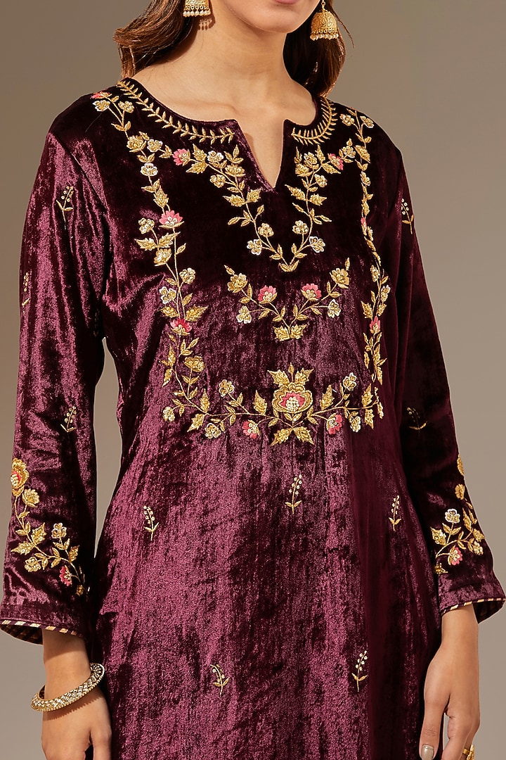 Wine Viscose Velvet Hand Embroidered Kurta by Anantaa By Roohi Trehan at Pernia's Pop Up Shop