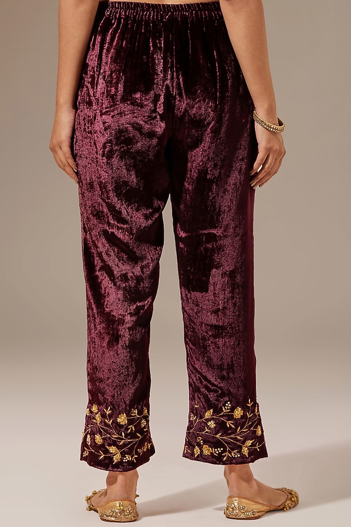Wine Viscose Velvet Embroidered Palazzo Pants by Anantaa By Roohi Trehan at Pernia's Pop Up Shop