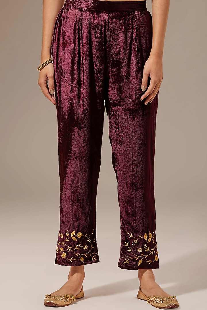 Wine Viscose Velvet Embroidered Palazzo Pants by Anantaa By Roohi Trehan