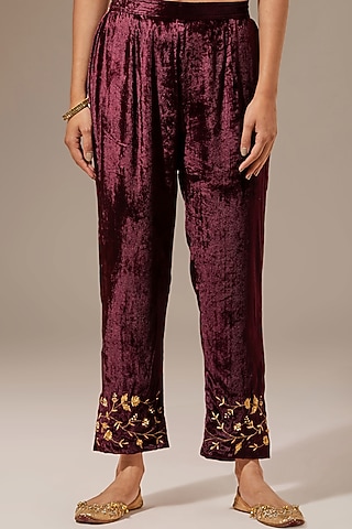 Wine Viscose Velvet Embroidered Palazzo Pants by Anantaa By Roohi Trehan