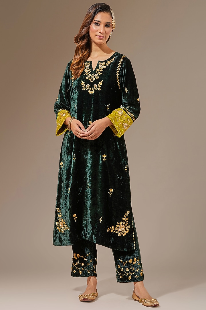 Green Viscose Velvet Embroidered Palazzo Pants by Anantaa By Roohi Trehan at Pernia's Pop Up Shop