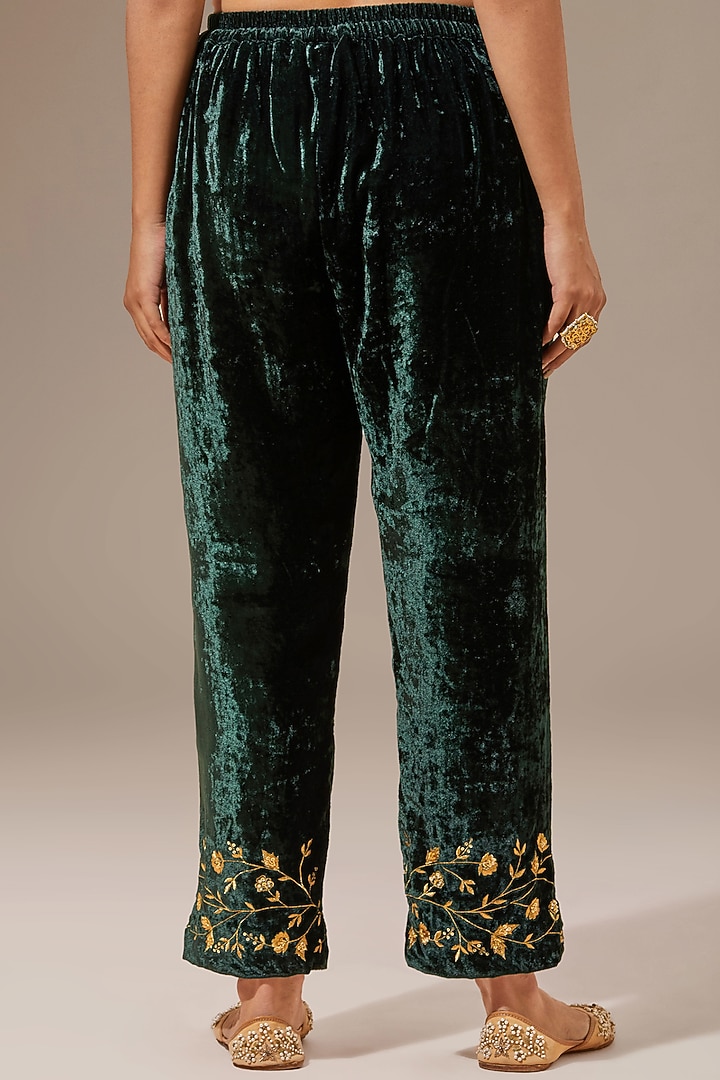 Green Viscose Velvet Embroidered Palazzo Pants by Anantaa By Roohi Trehan at Pernia's Pop Up Shop