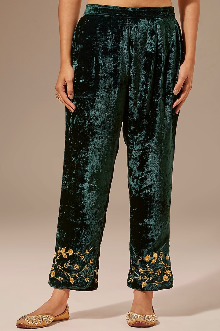 Green Viscose Velvet Embroidered Palazzo Pants by Anantaa By Roohi Trehan