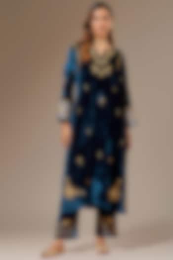 Blue Viscose Velvet Embroidered Palazzo Pants by Anantaa By Roohi Trehan