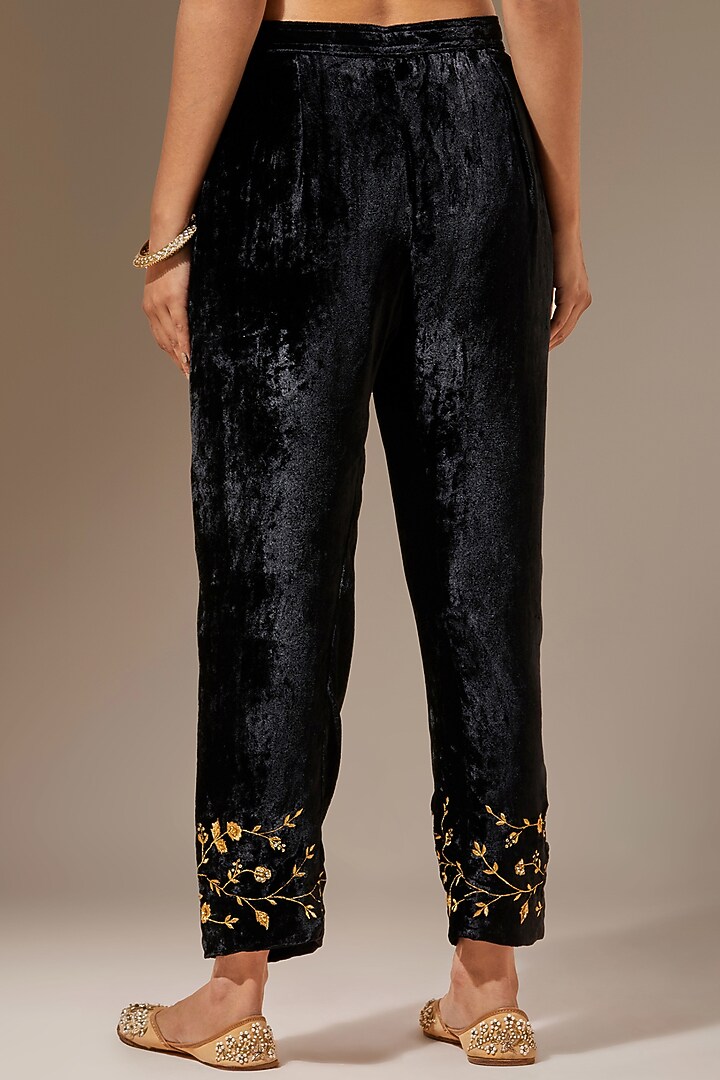 Black Viscose Velvet Embroidered Palazzo Pants by Anantaa By Roohi Trehan at Pernia's Pop Up Shop