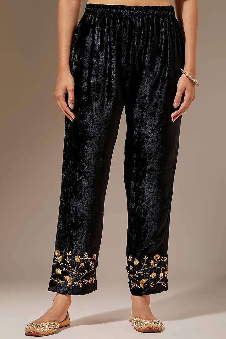 Black Viscose Velvet Embroidered Palazzo Pants by Anantaa By Roohi Trehan
