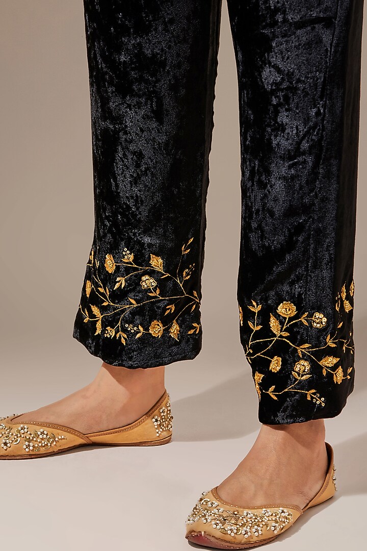 Black Viscose Velvet Embroidered Palazzo Pants by Anantaa By Roohi Trehan at Pernia's Pop Up Shop