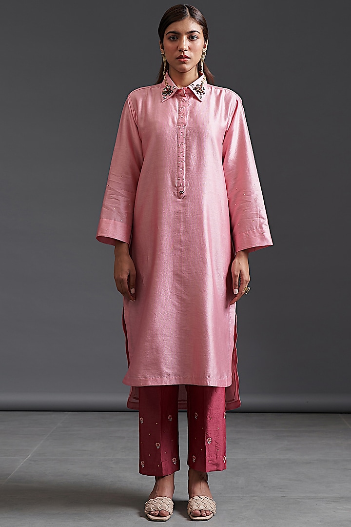 Pink Silk Chanderi Hand Embroidered Tunic by Anantaa By Roohi Trehan