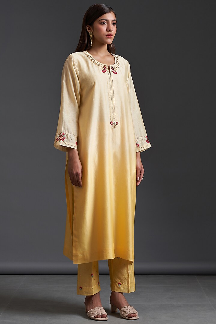 Yellow Silk Chanderi Hand Embroidered Pants by Anantaa By Roohi Trehan at Pernia's Pop Up Shop