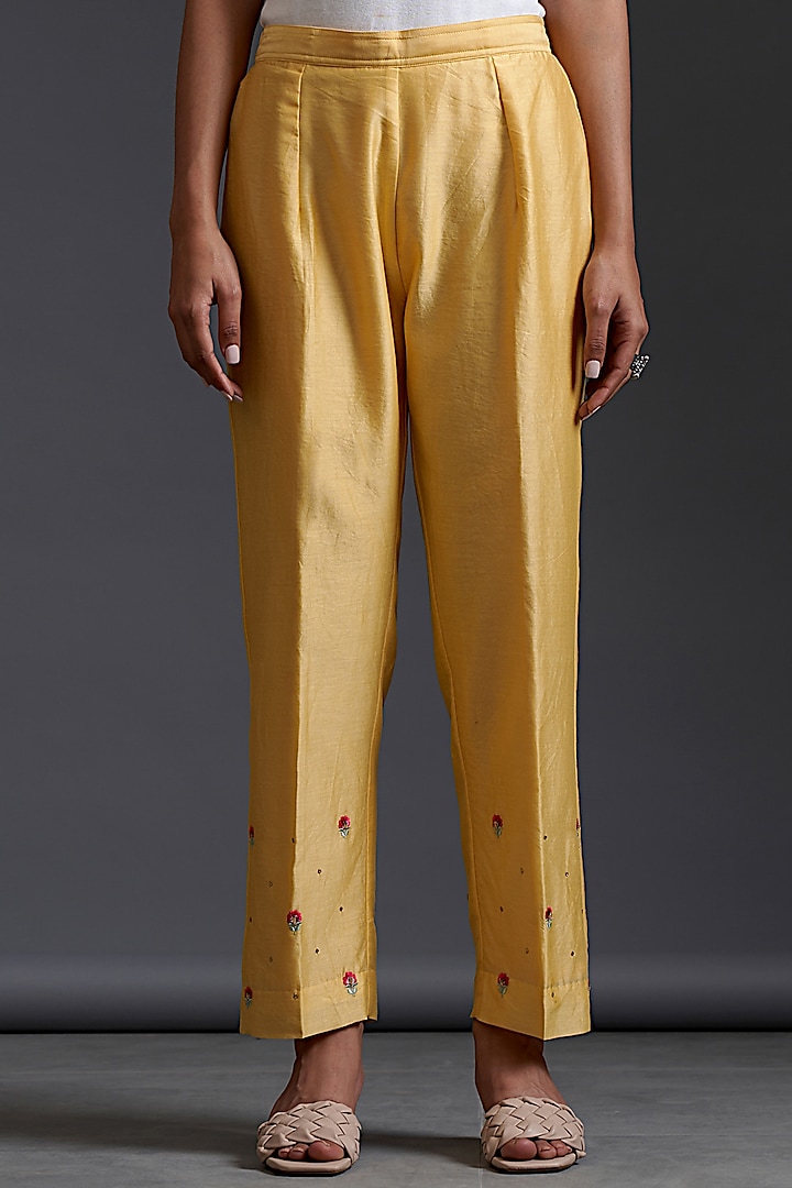 Yellow Silk Chanderi Hand Embroidered Pants by Anantaa By Roohi Trehan
